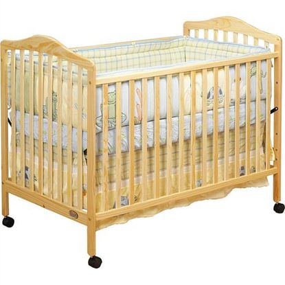Picture of Farmhouse Natural Wood Convertible Crib Toddler Bed with Locking Caster Wheels