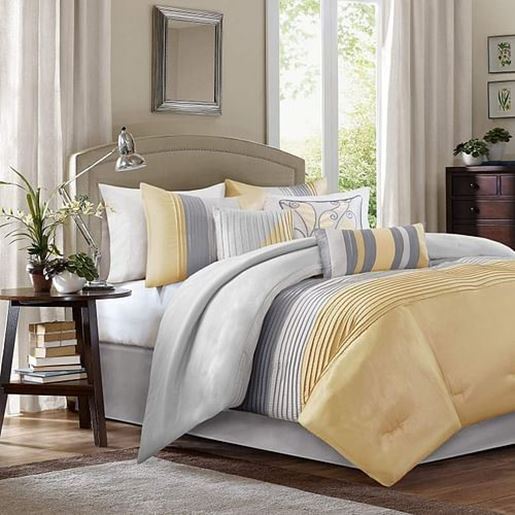 Picture of King Size 7 Piece Bed In A Bag Comforter Set Faux Silk Yellow Gray Stripes