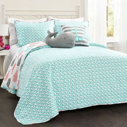 Picture of Full/Queen 5 Piece Microfiber Quilt Set in Teal Pink Aqua Waves Whale Pattern