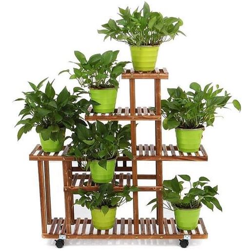 Picture of Indoor Outdoor Solid Wood 6-Tier Plant Stand Planter Cart on Wheels