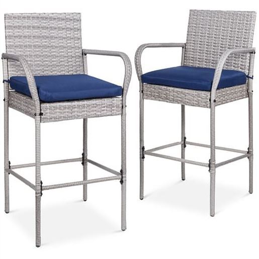 Picture of Set of 2 Grey Indoor/Outdoor Wicker Bar Stools w/ 2 Blue Cushions