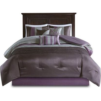 Picture of King Size 7 Piece Bed In A Bag Comforter Set Faux Silk Purple Gray Stripes