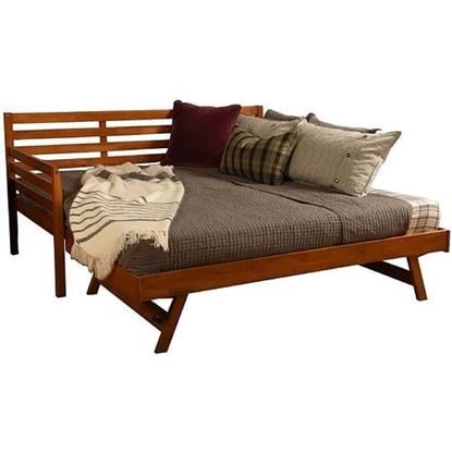 Picture of Solid Wood Day Bed Frame with Pull-out Pop Up Trundle Bed in Medium Brown