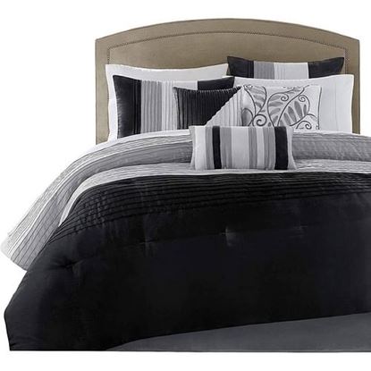 Picture of King Size 7 Piece Bed In A Bag Comforter Set Faux Silk Black Gray Stripes