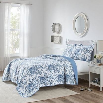 Picture of Full/Queen 3 Piece Bed In A Bag Reversible Blue White Floral Cotton Quilt Set