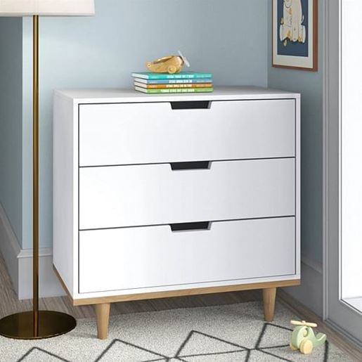 Picture of Modern Mid-Century Style 3-Drawer Dresser Chest in White Natural Wood Finish