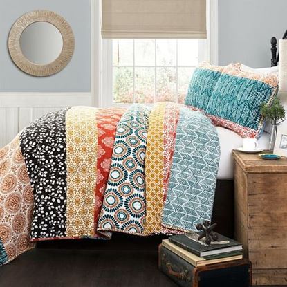 Picture of King size Cotton 3 Piece Reversible Teal Orange Bohemian Stripe Quilt Set