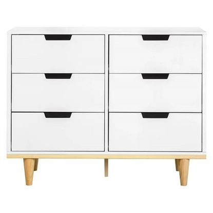 Изображение Modern Mid-Century Style 6-Drawer Double Dresser in White Natural Wood Finish