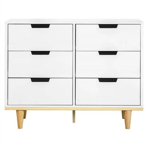 Image sur Modern Mid-Century Style 6-Drawer Double Dresser in White Natural Wood Finish