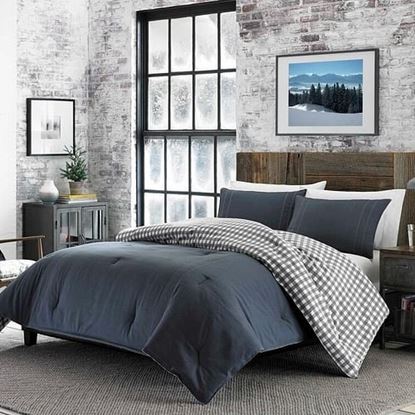 Picture of Full/Queen size 100% Cotton Reverse Plaid Gray/White Comforter Set