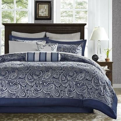 Picture of California King 12-piece Reversible Microfiber Comforter Set Navy Blue White