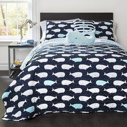 Picture of Full/Queen 5 Piece Bed In A Bag Navy Teal Microfiber Waves Whales Quilt Set