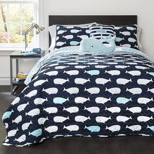 Picture of Full/Queen 5 Piece Bed In A Bag Navy Teal Microfiber Waves Whales Quilt Set