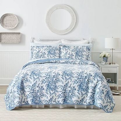 Picture of King size 3 Piece Bed-in-a-Bag Reversible Blue White Floral Cotton Quilt Set