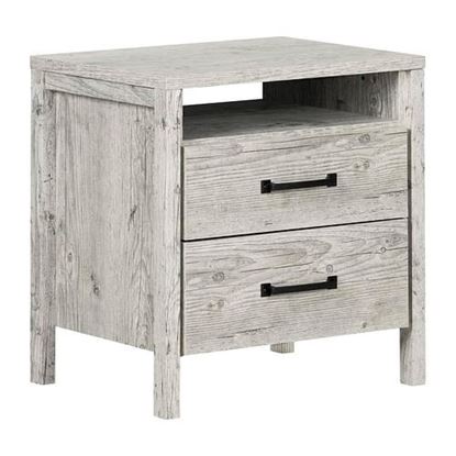 Picture of Modern Washed Pine 2 Drawer Nightstand Cubby Storage Shelf