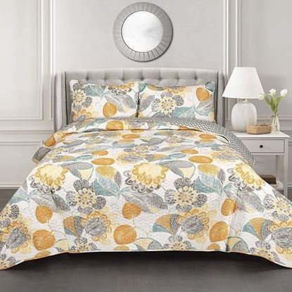 Picture of Full/Queen 3 Piece Reversible Yellow Grey Teal Floral Leaves Cotton Quilt Set