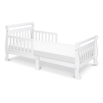 Изображение White Wooden Modern Toddler Sleigh Bed with Slatted Guard Rails