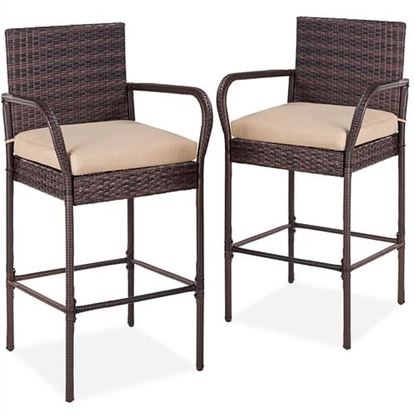 Picture of Set of 2 Brown Indoor/Outdoor Wicker Bar Stools w/ 2 Tan Cushions