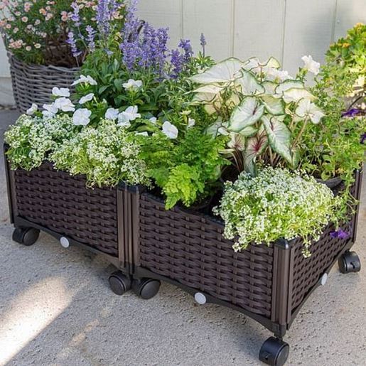 Image sur Modern 2-Piece Indoor Outdoor Raised Garden Planter Box on Wheels in PP Rattan