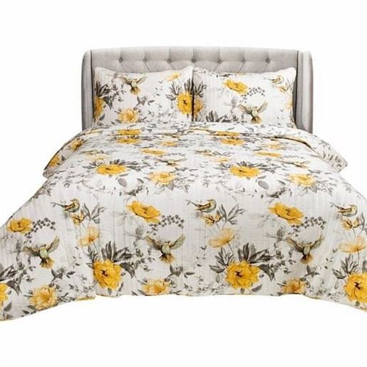 Picture of King size 3 Piece White Yellow Grey Reversible Floral Birds Cotton Quilt Set