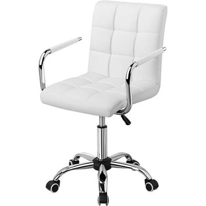 图片 White Modern Faux Leather Mid-Back Swivel Office Chair with Armrests and Wheels