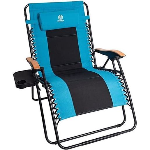 Picture of Color: Blue+Black Outdoor Zero Gravity Chair Wood Armrest Padded Comfort Folding Patio Lounge Chair, Blue+Black