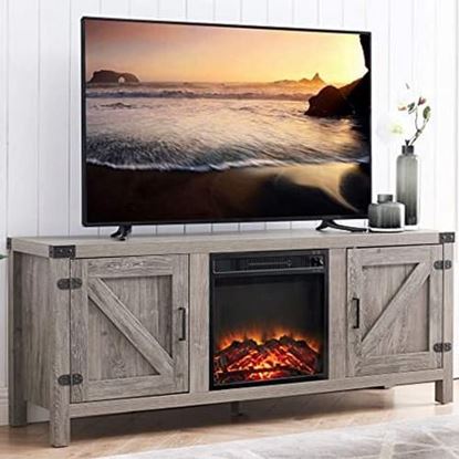 Picture of Color: Grey Wood TV Stand and Electric Fireplace, Fit up to 65" Flat Screen TV with Storage Cabinet and Adjustable Shelves, Grey