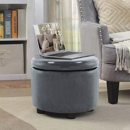 Picture of Color: Grey  16'' Wide Faux Leather Round Storage Ottoman with Storage