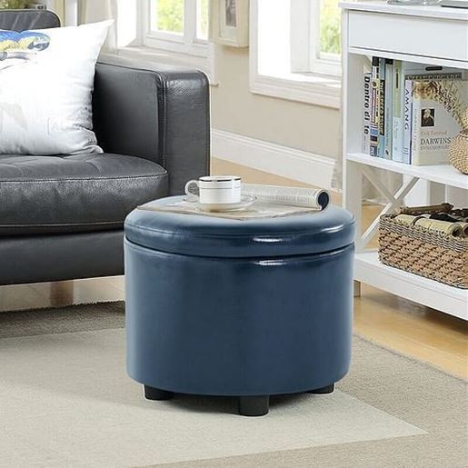 Picture of Color: Dark Blue  16'' Wide Faux Leather Round Storage Ottoman with Storage