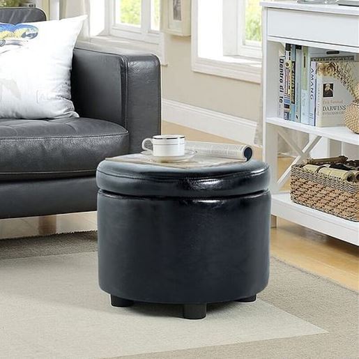 Picture of Color: Black  16'' Wide Faux Leather Round Storage Ottoman with Storage