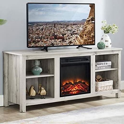 Picture of Color: Light Grey Farmhouse Wooden TV Stand and Electric Fireplace, Fit up to 65" Flat Screen TV with Open Storage Cabinet and Adjustable Shelves, Light Grey