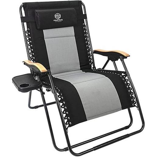 Picture of Color: Black+Grey Outdoor Zero Gravity Chair Wood Armrest Padded Comfort Folding Patio Lounge Chair, Blue+Black