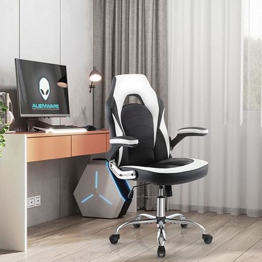 Image sur Color: Black+White  DR Gaming Chair, PU Leather Executive Swivel Chair with Flip-up Armrests