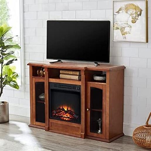 Picture of Color: Brown Electric Fireplace TV Stand Storage Shelf for Living Room