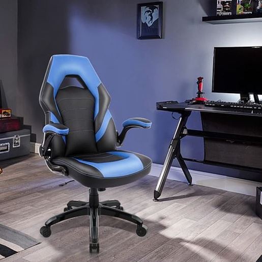 Picture of Color: Black+blue  DR Ergonomic Gaming Chair with PU Leather and Flip-up Armrests Seat Height Adjustable Swivel Rocking Computer Desk Chair