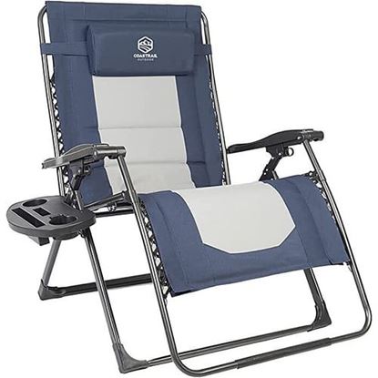 Picture of Color: Navy Blue+Grey Outdoor Zero Gravity Chair Wood Armrest Padded Comfort Folding Patio Lounge Chair, Blue+Black