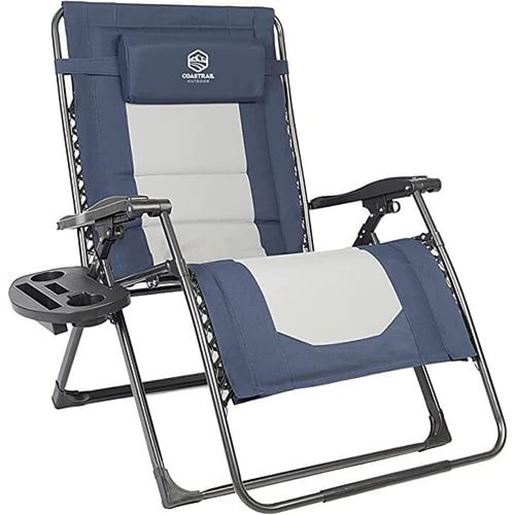 Picture of Color: Navy Blue+Grey Outdoor Zero Gravity Chair Wood Armrest Padded Comfort Folding Patio Lounge Chair, Blue+Black