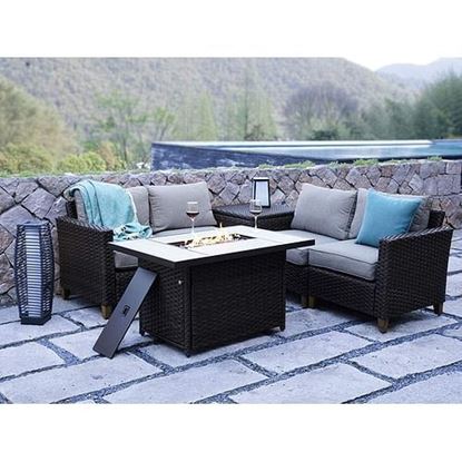 Picture of Color: Brown  SR Sofa Sets 6 Pieces Conversation Set with Fire Pit Table, PE Rattan Wicker Patio Furniture Sectional Sofa with Thick Cushions for Yard Garden Porch