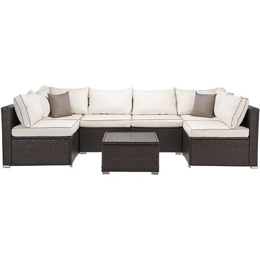 Picture of Color: Brown Outdoor Patio Furniture 7 Piece Rattan Sectional Sofa Sets  with Faux Wood Top Tea Table and Cushion