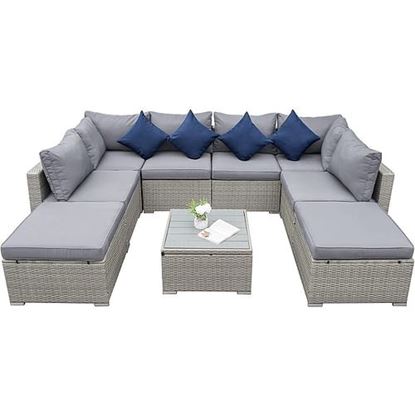 Picture of Color: Light grey 9 PCS Outdoor Furniture Set with Cushions & Storage Table Light Gray