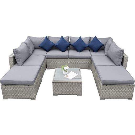 Picture of Color: Light grey 9 PCS Outdoor Furniture Set with Cushions & Storage Table Light Gray