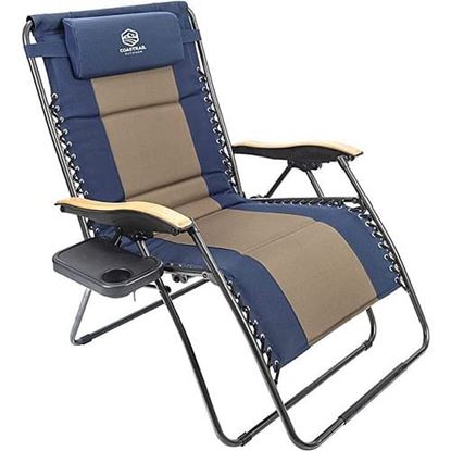 Picture of Color: Navy Blue+Brown Outdoor Zero Gravity Chair Wood Armrest Padded Comfort Folding Patio Lounge Chair, Blue+Black