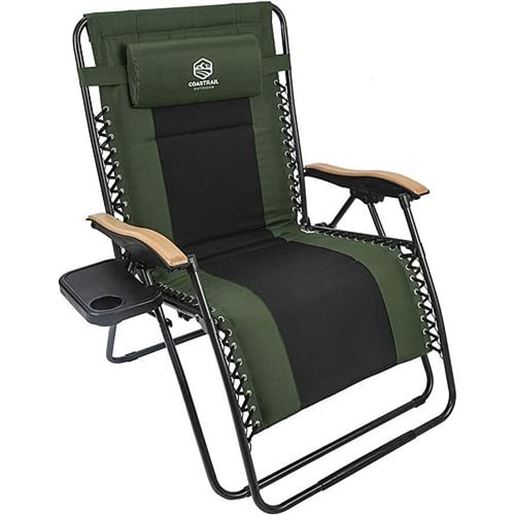 Picture of Color: Green+Black Outdoor Zero Gravity Chair Wood Armrest Padded Comfort Folding Patio Lounge Chair, Blue+Black