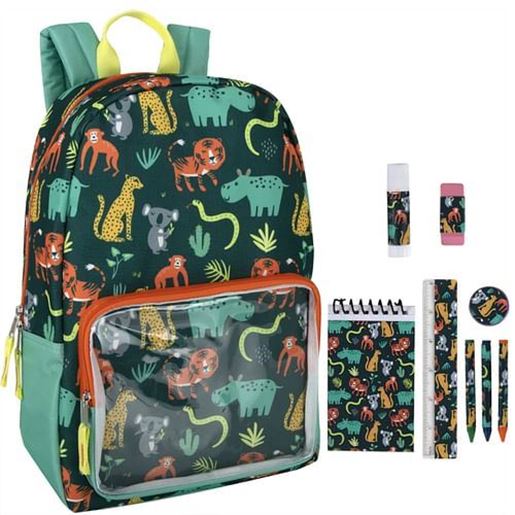 Picture of . Case of [24] Preassembled 17" Jungle Backpacks & 8 Piece School Supply Kit .