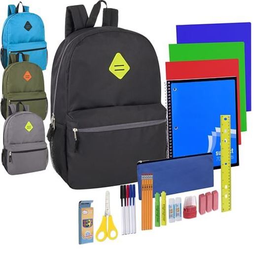 Image sur . Case of [12] Preassembled 19" Boys' Backpacks & 30 Piece School Supply Kits .