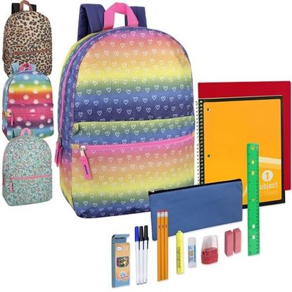 Picture of . Case of [24] Preassembled Girl's Printed Backpacks & 20 Piece School Supply Kit .