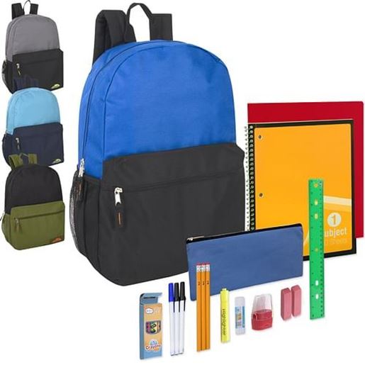 Picture of . Case of [24] Preassembled 18" Backpack with Side Pocket & 20 Piece School Supply Kit .