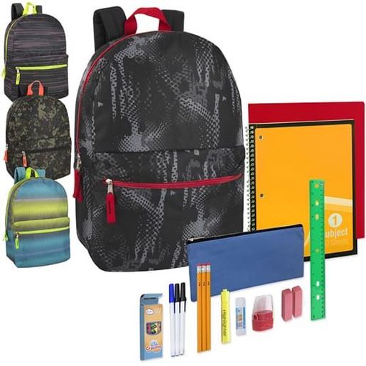 Picture of . Case of [24] Preassembled Boys' Printed Backpacks & 20 Piece School Supply Kit .