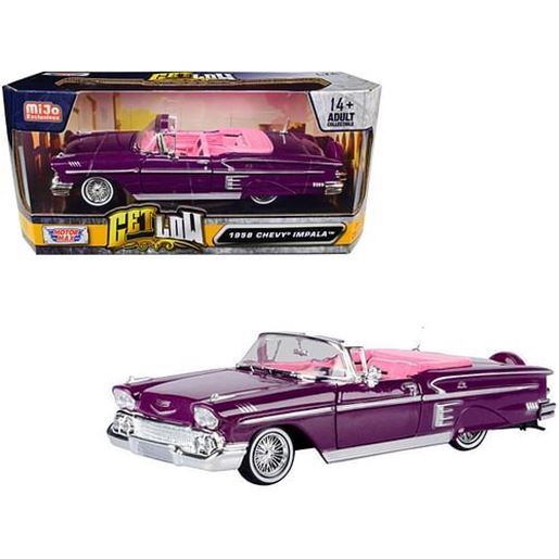 Picture of 1958 Chevrolet Impala Convertible Lowrider Purple Metallic with Pink Interior "Get Low" Series 1/24 Diecast Model Car by Motormax