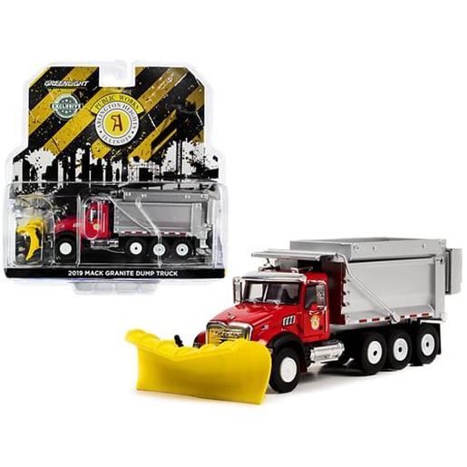 Picture of 2019 Mack Granite Dump Truck with Snow Plow & Salt Spreader Red and Silver Metallic "Arlington Heights Illinois Public Works" "Hobby Exclusive" 1/64 Diecast Model by Greenlight